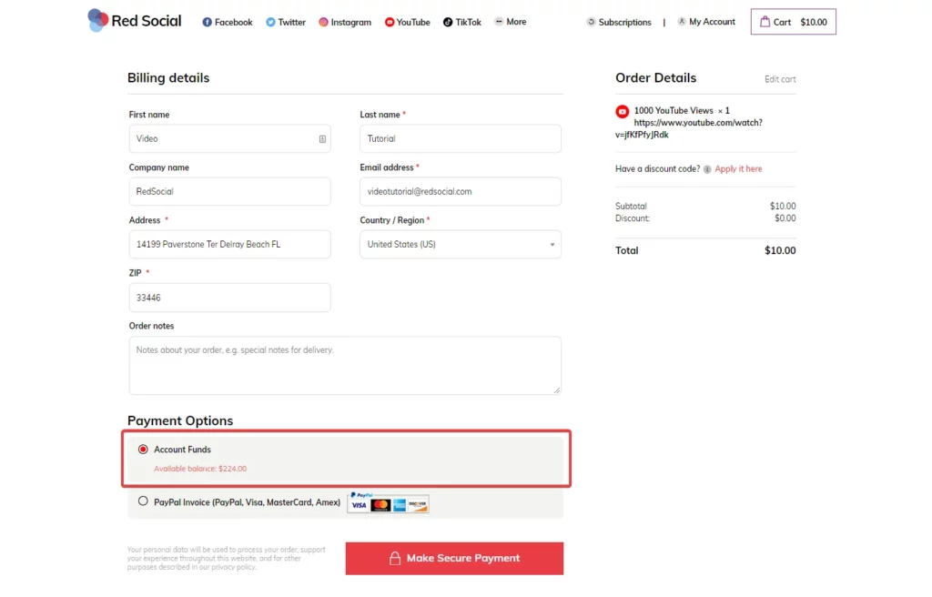 redsocial's account balance checkout section