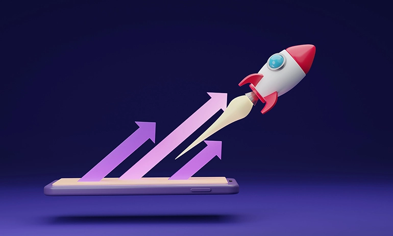 Graphic of a rocket launching from a smartphone.