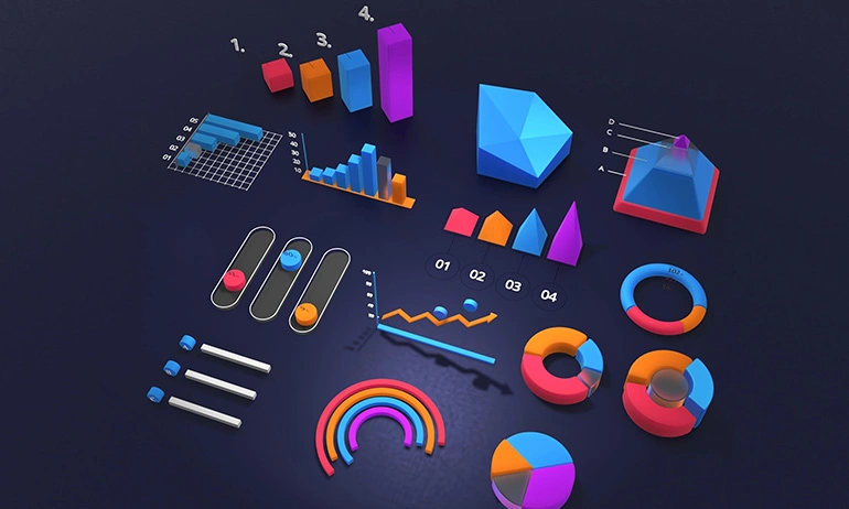 A colorful collection of 3D charts and graphs representing analytics.