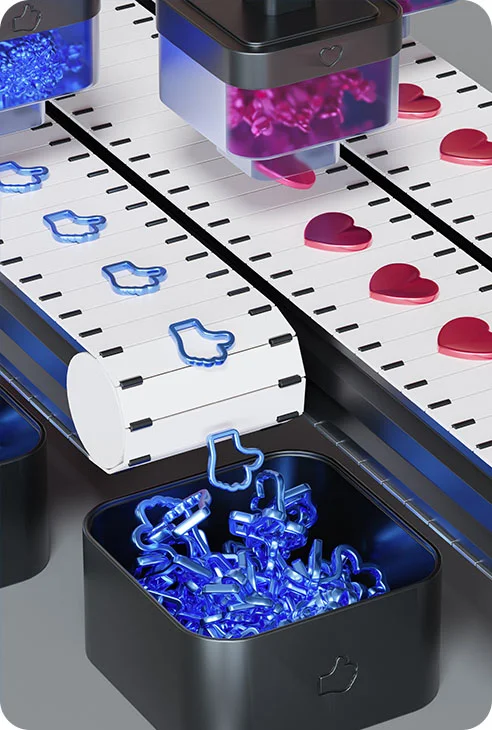 3d illustration of a factory producing like buttons and heart buttons