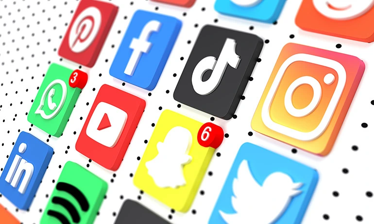 A pattern of social media icons including Pinterest, Facebook, TikTok, Instagram, and others.