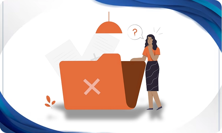 Illustration of a woman looking confused at a file folder with an error icon, representing photo upload issues.