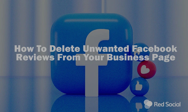 Facebook's logo on a blurred background with a guide on deleting unwanted business page reviews.