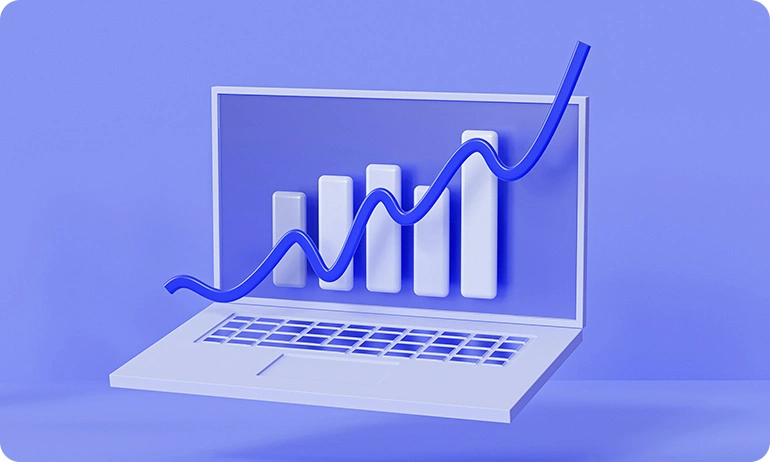 A 3D illustration of a white laptop with a rising bar graph and upward trend line on the screen.