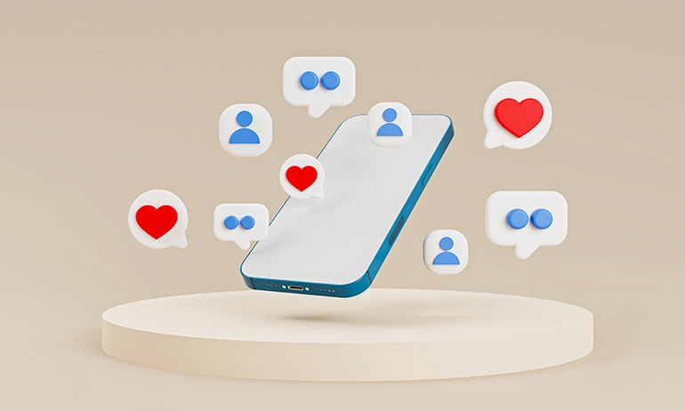 A smartphone surrounded by social interaction icons, implying online engagement.