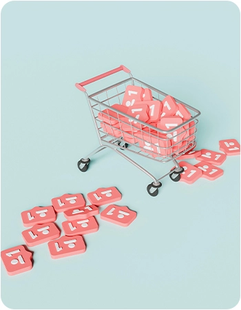 A shopping cart tipped over, spilling out social media notification icons.