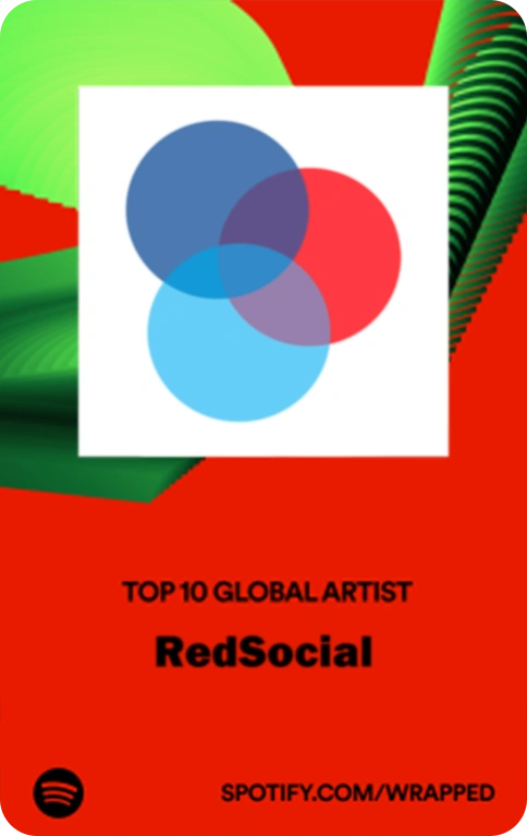 Spotify Wrapped card featuring RedSocial as a top 10 global artist with abstract green and red background