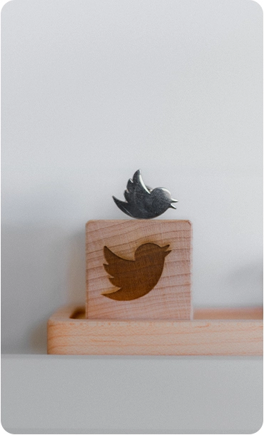 A wooden block with a Twitter bird logo on a white shelf