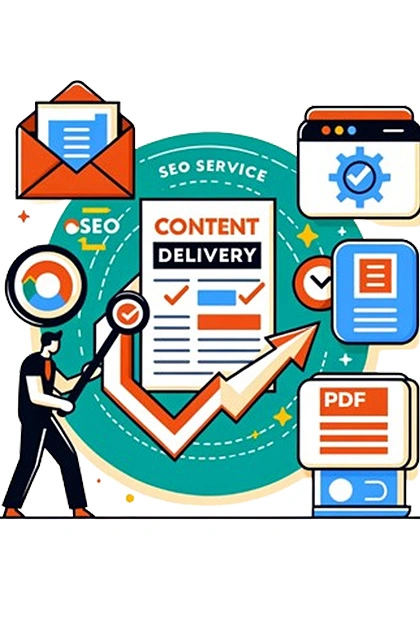 An illustration depicting SEO and content delivery with various digital marketing icons.