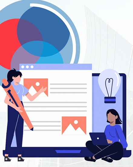 Two people working on a large document on a computer screen with a lightbulb idea icon.