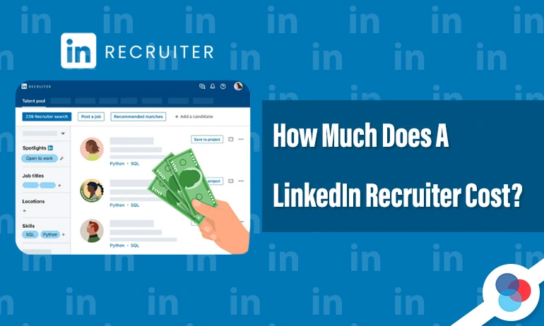 LinkedIn Recruiter dashboard with hand holding cash, and text asking "How Much Does A LinkedIn Recruiter Cost?"