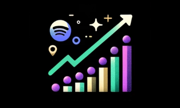 A stylized bar graph and arrow indicating growth, with Spotify and other music-related icons