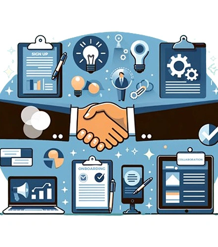 An infographic showing different aspects of a business relationship including handshake, collaboration, and onboarding.