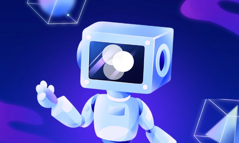 A stylized robot with a camera for a head with the RedSocial logo, raising its hand.