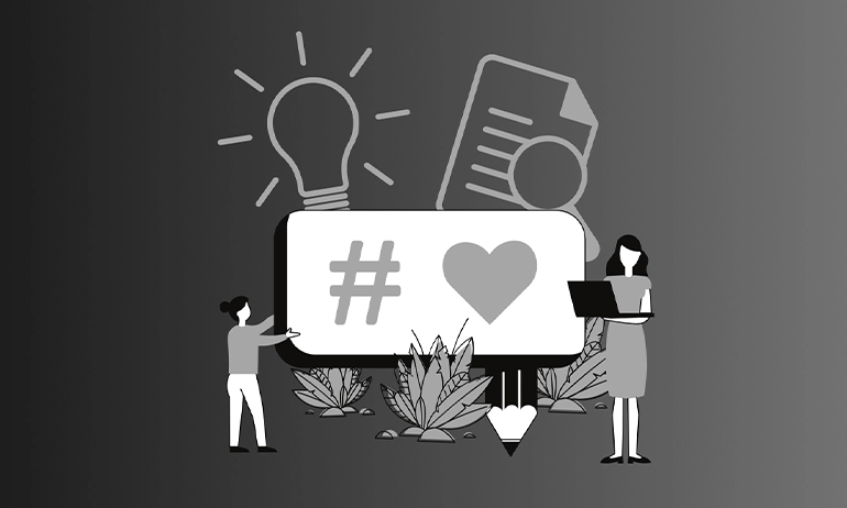 A black and white graphic of a light bulb, a hashtag symbol, and a heart with two people.
