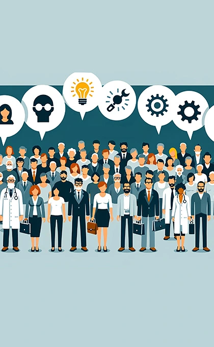 A crowd of diverse people with thought bubbles containing various icons.