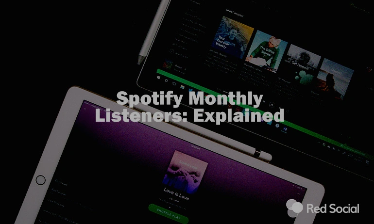A laptop and tablet showing Spotify's interface with the title "Spotify Monthly Listeners: Explained".