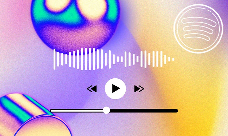 A digital media player interface with a play button and Spotify logo, with colorful abstract elements.