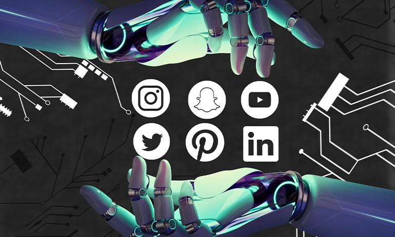Two robot hands reaching towards each other with social media icons floating above.