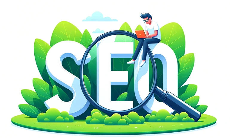 A man sitting on a giant magnifying glass over the letters "SEO" in a green, leafy environment.