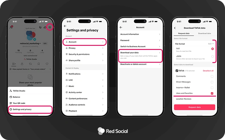TikTok account settings walkthrough showing Account menu and Download Your Data option to export comment history.