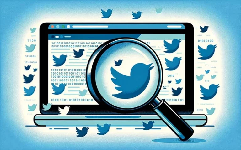 illustration of magnifying glass zooming into the twitter logo on a laptop