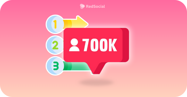 Follower count icon showing 700K with ranking arrows labeled 1, 2, and 3 on a pink gradient background with RedSocial branding