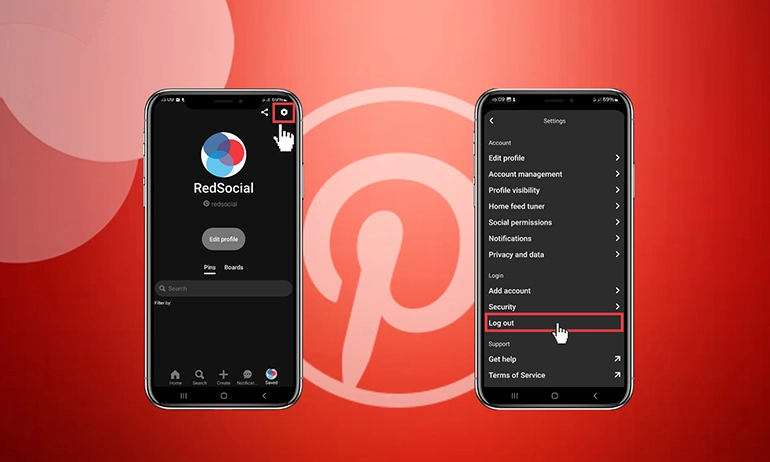 Two smartphones showing the steps of how to log out from Pinterest.