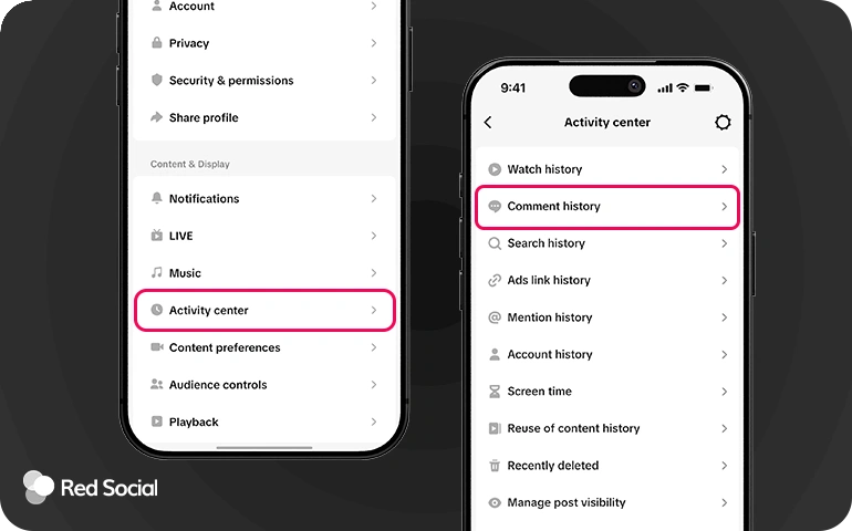 TikTok Settings and Privacy screen highlighting Activity Center and Comment History to manage comment interactions.