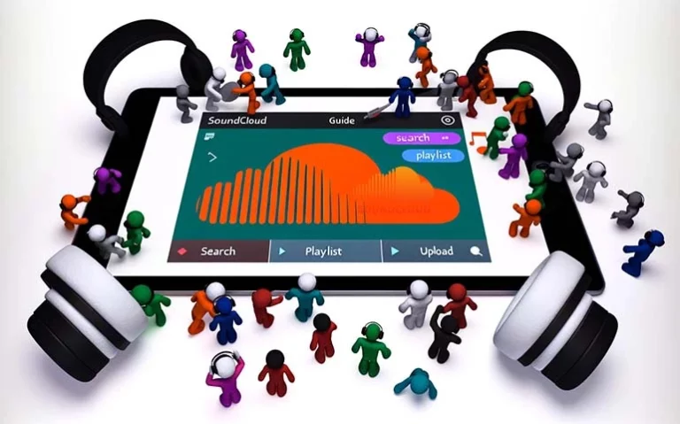 a tablet with the soundcloud logo inside surrounded by mini characters and headphones