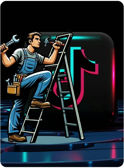 Illustration of a man with tools climbing a ladder against the backdrop of a large TikTok logo, implying maintenance or work on the platform.