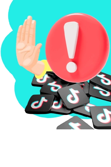 A 3D illustration of a hand with a stop gesture and an exclamation mark, surrounded by scattered TikTok logos on a teal and coral background.