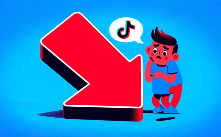 a worried guy thinking of tiktok and looking at an arrow that goes down