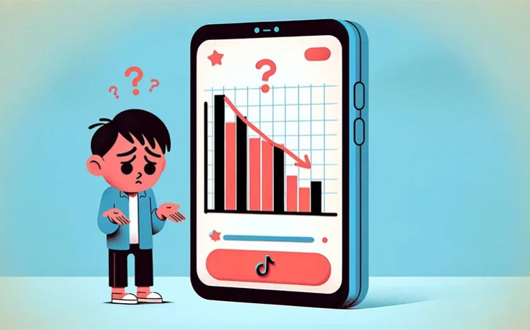 a worried person standing next to a big phone showing decline in statistics