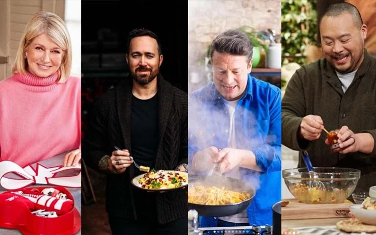 picture of 4 different food influencers such as martha stewart, jameie oliver, dennis prescott and david chang