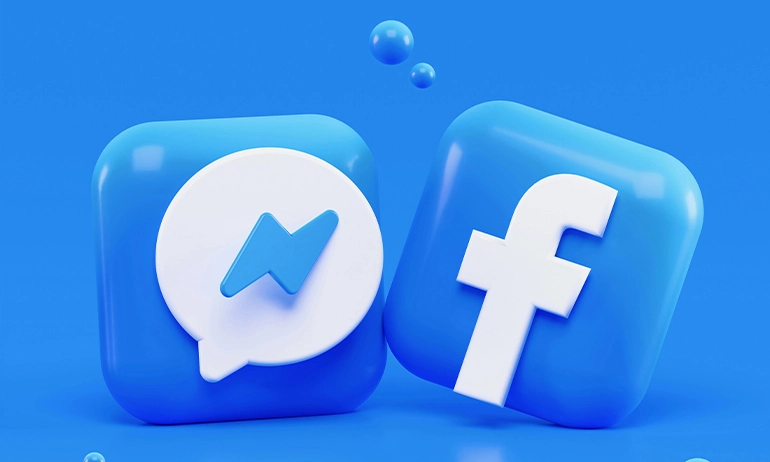 3D rendered icons of Facebook and Messenger as blue cubes surrounded by smaller bubbles on a blue background.
