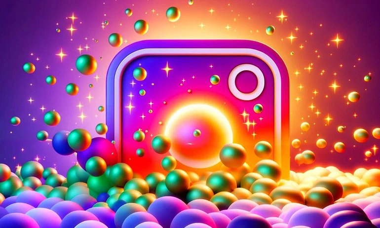 A colorful and vibrant 3D rendering of the Instagram icon surrounded by floating bubbles and sparkles on a gradient purple background.