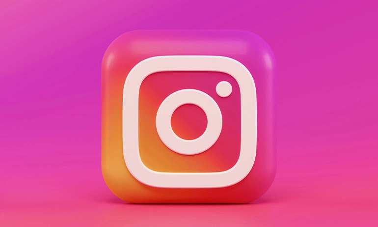 A 3D rendered icon of Instagram with a pink and orange gradient on a vibrant pink background.