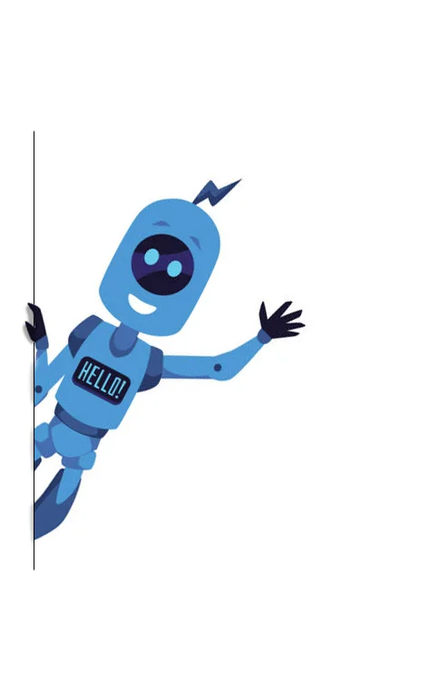 a blue robot peaking from the screen waving hello