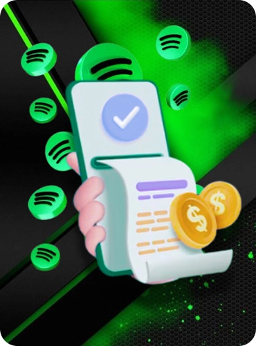 Hand holding receipt with Spotify logos, symbolizing revenue and earnings on Spotify.