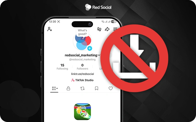TikTok profile screen with a blocked download icon, showing that drafts cannot be transferred directly.