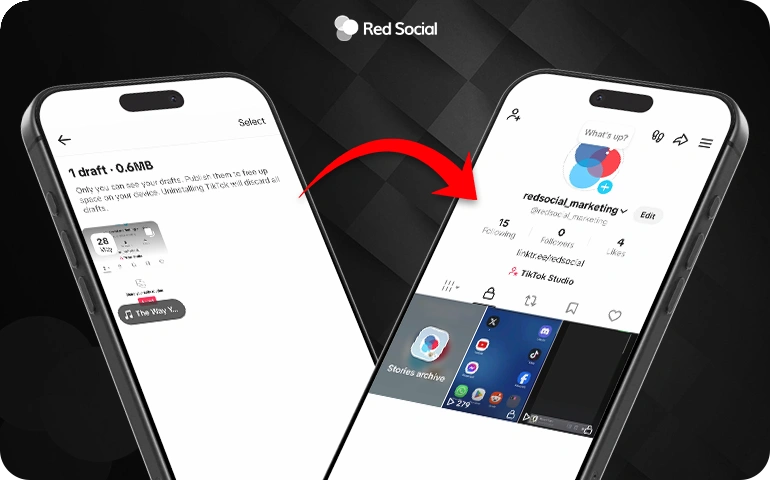 Two phones showing TikTok drafts and profile page with an arrow, explaining what to do before switching phones.