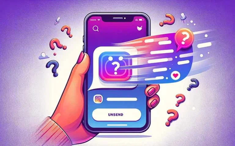 image showing the Instagram logo inside a phone vanishing, surrounded by question marks around