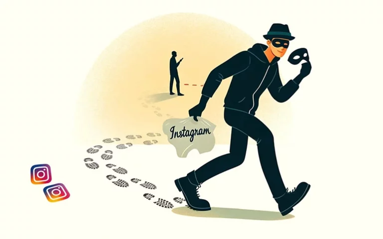 man wearing black putting on masks with a bag that says instagram in it. he also has left footprints as trail behind