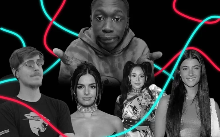 image of khaby lame, addison rae, mr beast, charli d'amelio and bella poarch with threads around them