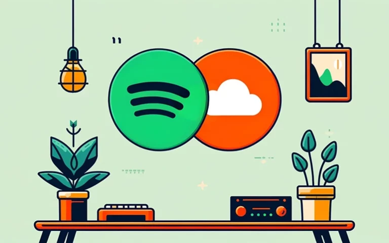 illustration of a room background with the spotify logo and souncloud logo in the middle