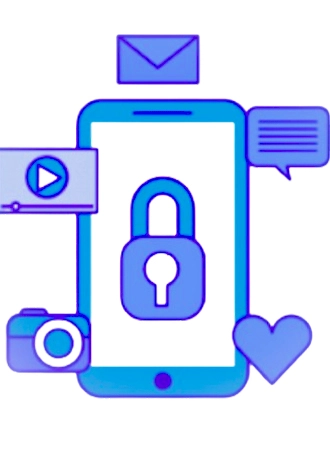 Illustration of a mobile phone with a lock icon on the screen, surrounded by icons representing different media types like video, message, camera, and heart, symbolizing the privacy of social media interactions.