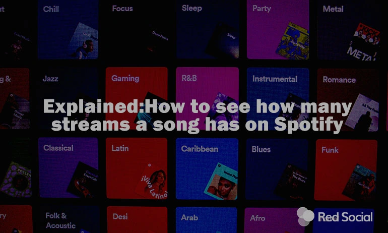 A picture of the Spotify music categories taken from a computer screen. On top of that we can read Explained: How to see how many streams a song has on Spotify.