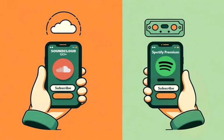 two hand holding phones and the phones show soundcloud go+ and spotify premium service
