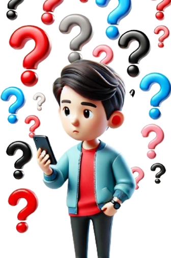 A 3D cartoon character wearing a red shirt and cyan jacket, looking at his phone with red, black, and cyan question marks floating around his head.